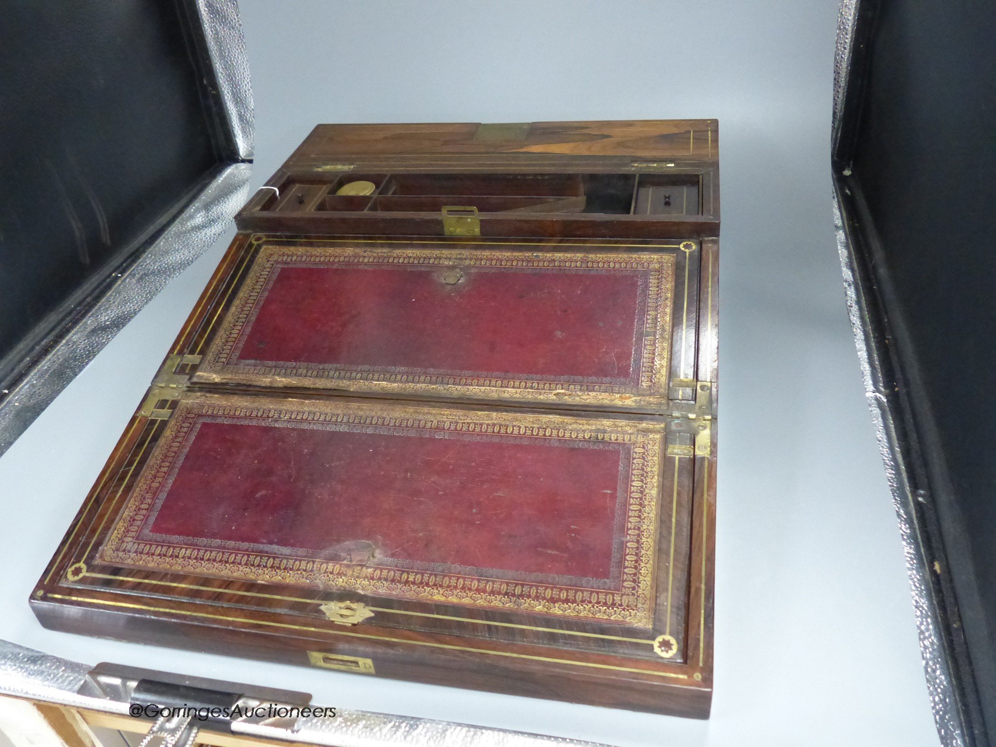 A George IV cut brass and rosewood writing slope, 40cm wide, depth 28cm, height 12cm